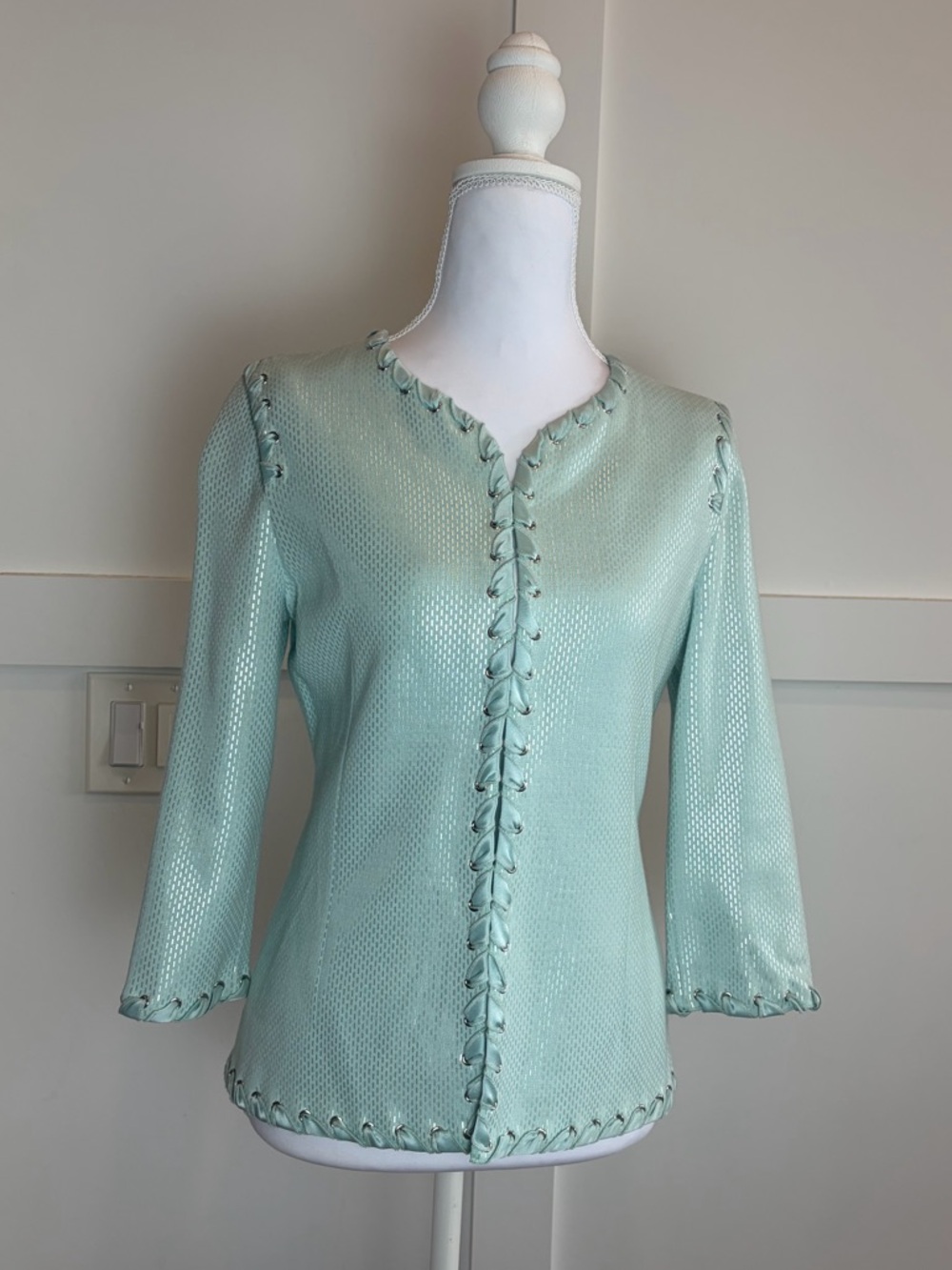 St. John Aqua Metallic Shimmer Knit Jacket Silk Ribbon Trim Evening Collection